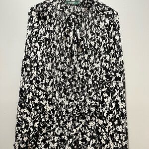 NWT  Ralph Lauren Women's Large Black Silk‎ White Duong Crinkled Printed Blouse